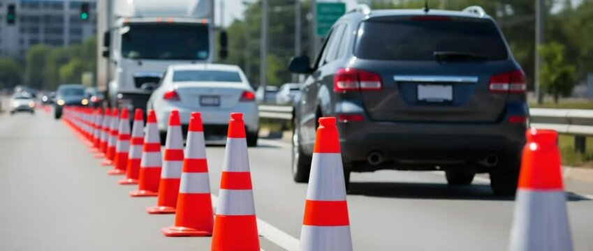 Traffic cones dividing the road. A line of bright orange traffic cones guides vehicles through the designated lanes on the road. A few vehicles, including cars and a truck, are seen on the road. 