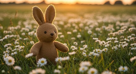 Fototapeta premium Stuffed rabbit in daisy field at sunset