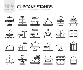 Cupcake, cake stand. Vector line icon set. Dessert candy shop equipment