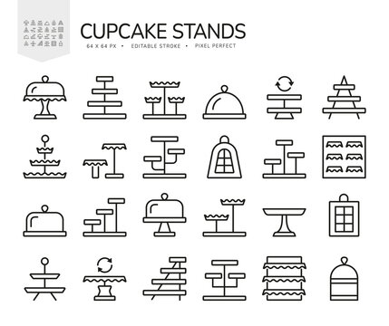 Cupcake, cake stand. Vector line icon set. Dessert candy shop equipment