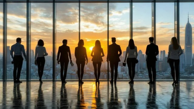 Business team observing sunrise cityscape