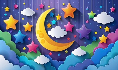 Paper cut background. Multicolored night card with paper design elements Moon, stars, clouds. Stock vector illustration.