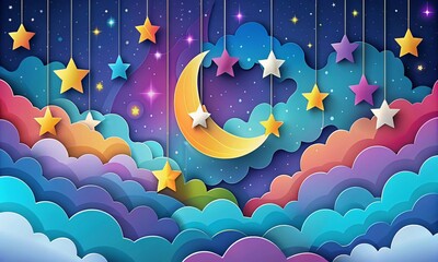 Paper cut background. Multicolored night card with paper design elements Moon, stars, clouds. Stock vector illustration.