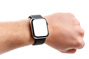 Male hand wearing a grey metal smartwatch isolated on white background blanc screen mockup. Ai Generated Images