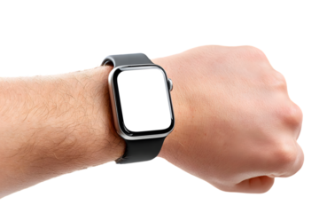 Male hand wearing a grey metal smartwatch isolated on white background blanc screen mockup. Ai Generated Images