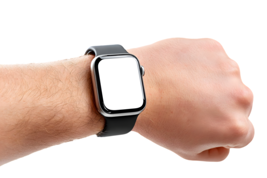 Male hand wearing a grey metal smartwatch isolated on white background blanc screen mockup. Ai Generated Images