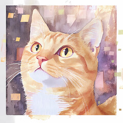 Elegant Orange Tabby Cat Illustration with Abstract Background in Watercolor Style