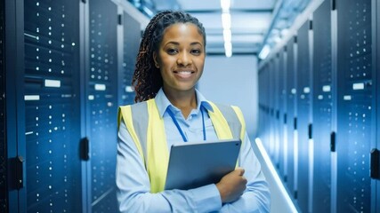 Smiling server room technician holding a tablet standing in a data center aisle surrounded by rows of server racks with blue lighting.