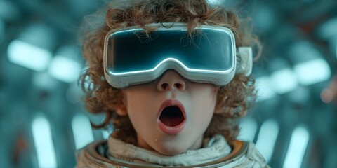 Young child filled with awe wears a glowing blue VR headset in a sleek, high-tech spaceship corridor illuminated by dynamic cyan lighting.