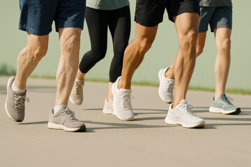 Fototapeta premium Group of active adults exercising outdoors in casual athletic wear, walking together on a sunny pathway promoting healthy lifestyle
