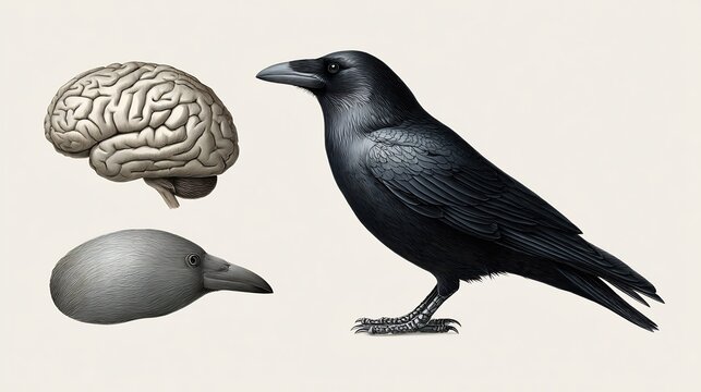 a comparative illustration of the brains of different animals (human, dolphin, crow), drawn to scale and with a consistent, clean vector style to highlight differences in size and structure