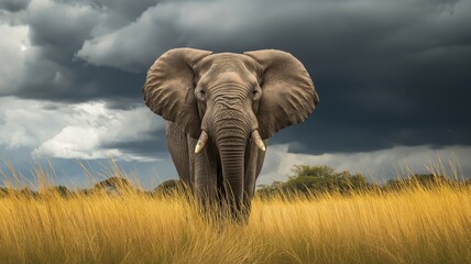 Fototapeta premium An elephant stands tall in golden grass, while dark storm clouds gather overhead in the savanna.