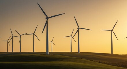 Wind Turbines in Dusk: a captivating scene of wind turbines standing tall against a warm sunset sky, symbolizing sustainable energy and environmental consciousness.
