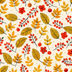 Obraz premium Autumn Leaves and Berries Seamless Pattern