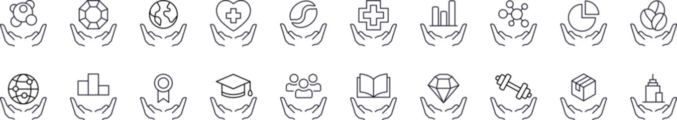 Charity and Gift Line Icon Collection. Education, Healthcare, Stone Outline Signs for Graphic and Web Design, Apps, Adverts, Various Cards