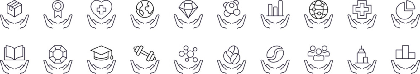 Charity and Gift Line Icon Bundle. Education, Healthcare, Stone Outline Signs for Graphic and Web Design, Apps, Adverts, Various Cards