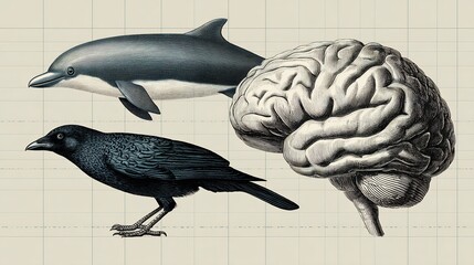 a comparative illustration of the brains of different animals (human, dolphin, crow), drawn to scale and with a consistent, clean vector style to highlight differences in size and structure