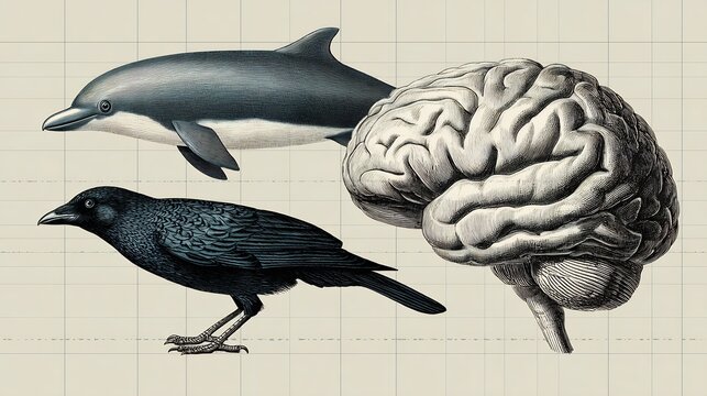a comparative illustration of the brains of different animals (human, dolphin, crow), drawn to scale and with a consistent, clean vector style to highlight differences in size and structure
