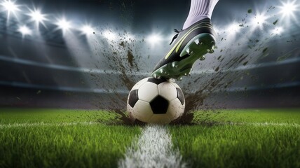 Intense Soccer Action: Foot Striking Ball with Stadium Lights Background