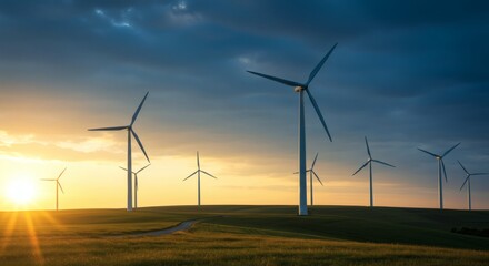 Wind Turbines at Sunset: Majestic wind turbines stand tall, harnessing the power of the wind against a vibrant sunset backdrop. It&rsquo;s a vivid image of clean energy and environmental consciousness.