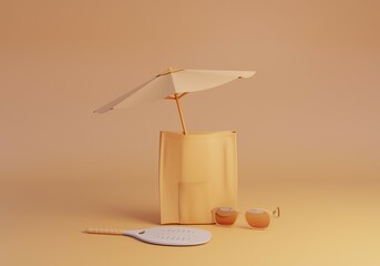 Summer Holiday Concept illustration. Monochrome light yellow with copy space. Minimal elegant 3d rendering.