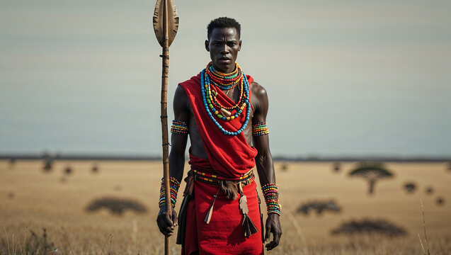 A portrait of a maasai warrior holding a spear stands proudly in the african savanna landscape