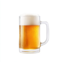 Refreshing beer in clear glass mug with frothy head, on white background.