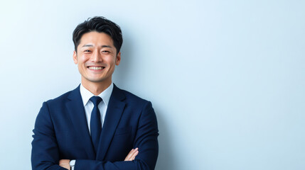 young Japanese executive in navy blue tailored suit smiles confidently against light background.