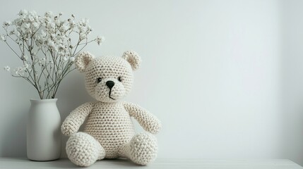 create a greetings card mock up, a small crotched light beige bear, in the left bottom corner, using the image attached, muted neutral tones