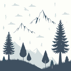 Obraz premium Mountain Landscape Silhouette: Trees, Peaks, & Clouds Illustration