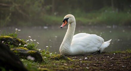Fototapeta premium Graceful swan resting beside misty forest pond. A white swan rests peacefully on the grassy bank of a foggy pond, surrounded by wildflowers and soft morning light. 