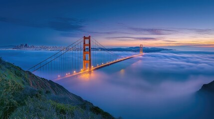 eye level view of the golden gate bridge in the early morning, ethereal light with a light fog