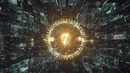 Countdown in the Digital Universe: A striking digital countdown sequence showcases a mesmerizing journey through a futuristic, complex technological landscape. - Powered by Adobe