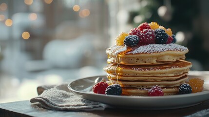 Gourmet breakfast: perfectly stacked pancakes with golden syrup dripping down them; fresh berries and powdered sugar on top; served on a ceramic plate 