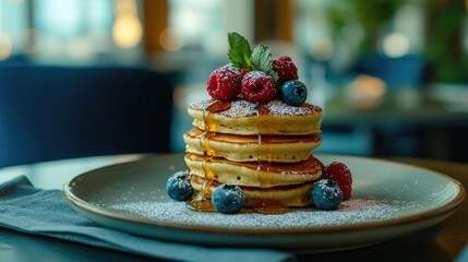 Gourmet breakfast: perfectly stacked pancakes with golden syrup dripping down them; fresh berries and powdered sugar on top; served on a ceramic plate 