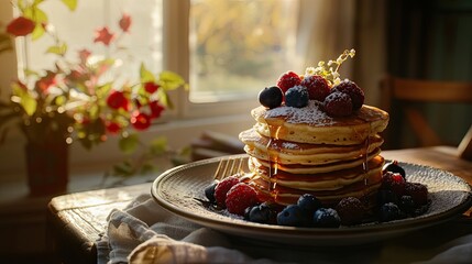 Gourmet breakfast: perfectly stacked pancakes with golden syrup dripping down them; fresh berries and powdered sugar on top; served on a ceramic plate 