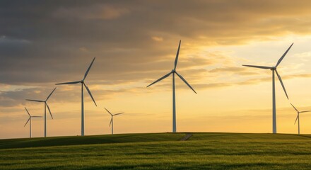 Wind Turbines at Sunset: A breathtaking view of wind turbines, with the warm glow of the setting sun. it showcasing sustainable energy.