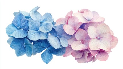 hydrangea flower cluster, blue and pink petals, isolated on white, high detail botanical illustration, soft natural lighting