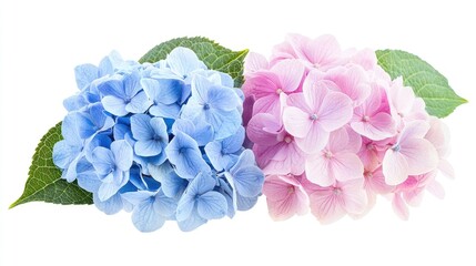 hydrangea flower cluster, blue and pink petals, isolated on white, high detail botanical illustration, soft natural lighting
