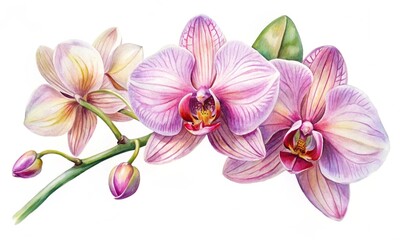 Watercolor orchid flower illustration, hand-painted. Delicate orchid bloom isolated on a white background.