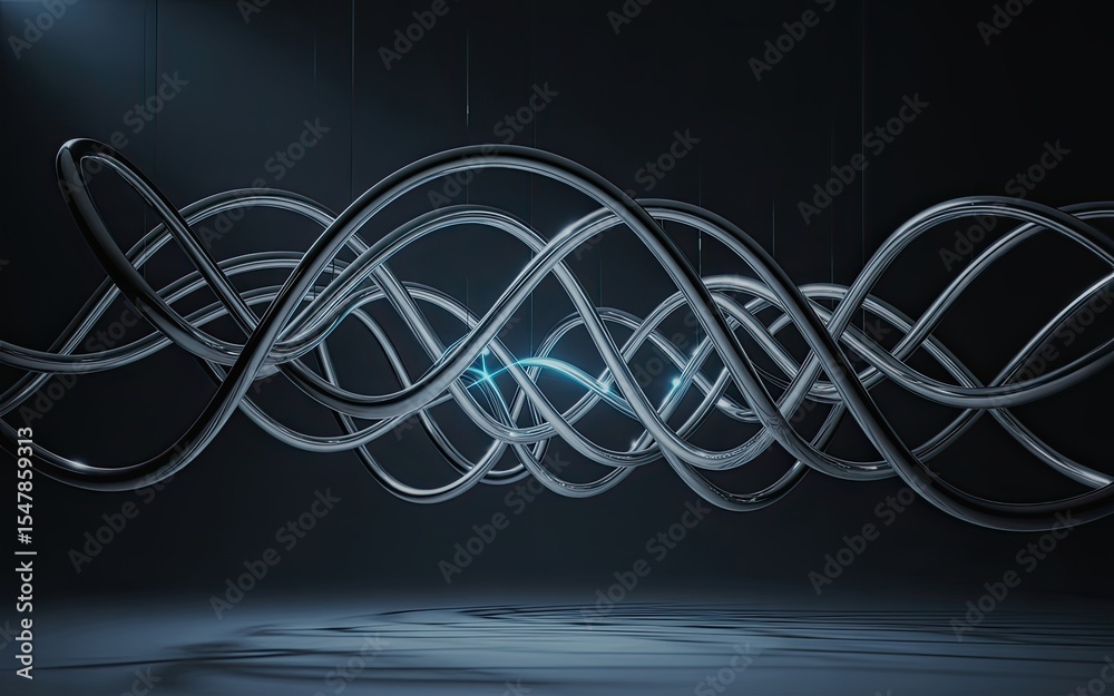 Aufkleber abstract 3d rendering of intertwined metal tubes creating dynamic wave patterns against a dark backg