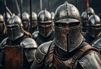 Naklejka premium Medieval knights stand ready for battle, their imposing armor gleaming in the dim light.
