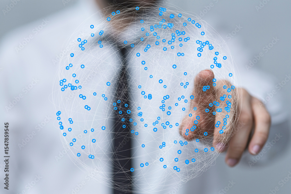 Poster image of a businessman interacting with a digital global network. perfect for technology, connection