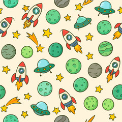 Charming hand-drawn space-themed pattern featuring rockets, planets, UFOs, and stars ideal for kids apparel, textiles, and stationery.  Vibrant colors and a playful style. Vector Pattern