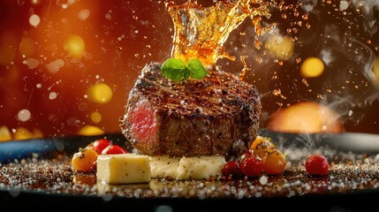 Photography, product view, A juicy Steak and butter infused with spices, splashing sauce, a food advertisement, with color grading and hyper-realistic, super-detailed imagery, Morandi Color background