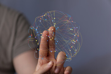 Abstract image of a hand interacting with a complex network. Perfect for tech, data, and...