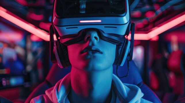 A serious boy experiences the metaverse through a VR headset in a room with red neon lights.