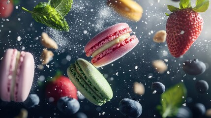 Photorealistic cinematic still of dessert ingredients frozen in mid-air in a dynamic, bullet-time composition. Elements such as ripe strawberries, 