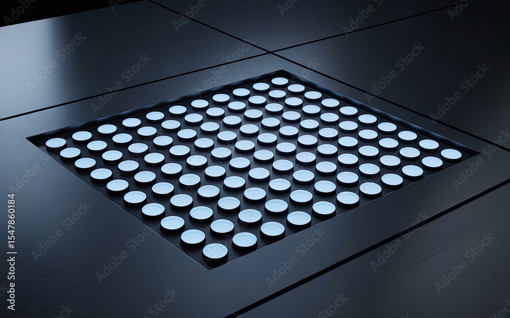 Fototapete futuristic abstract design featuring grid of illuminated circles with metallic reflective surface de