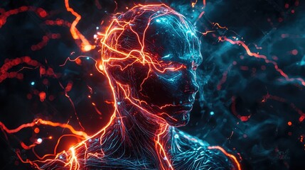 portrait of a humanoid surrounded by electric glowing veins, cosmic surrealism, vibrant fiery and cool tones, intricate energy patterns, dark 